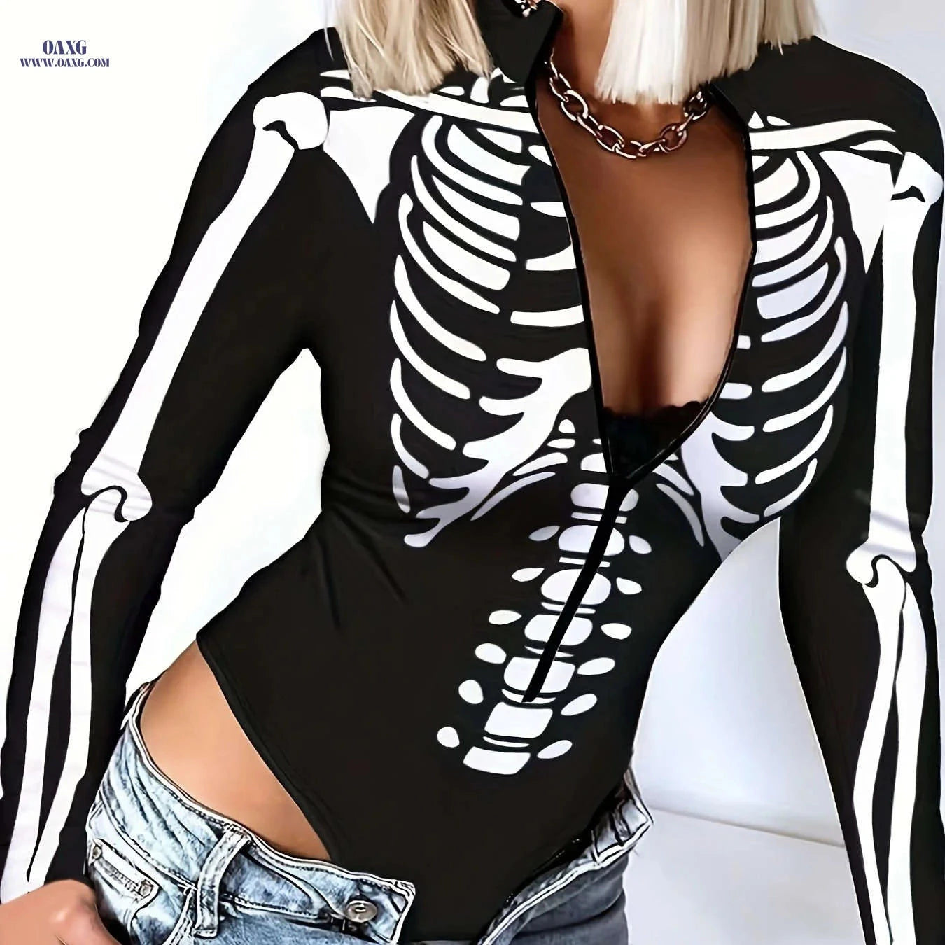 Women's Slim-Fit Bodysuit Top - Vintage Geometric Pattern for Summer   OAXG Black / S
