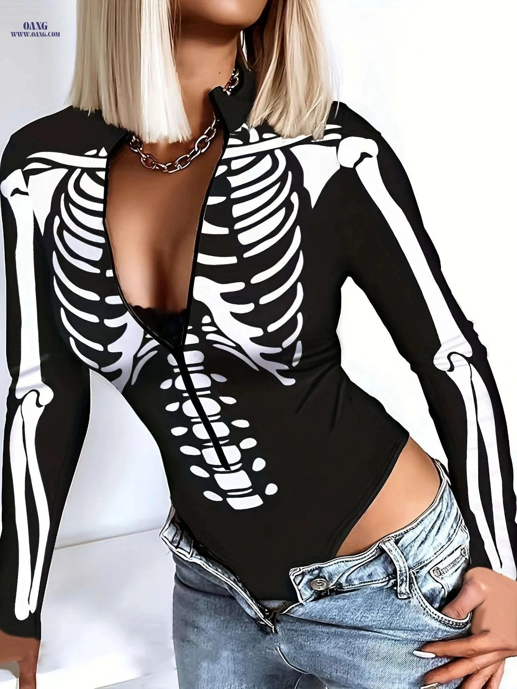 Women's Slim-Fit Bodysuit Top - Vintage Geometric Pattern for Summer   OAXG Black / S