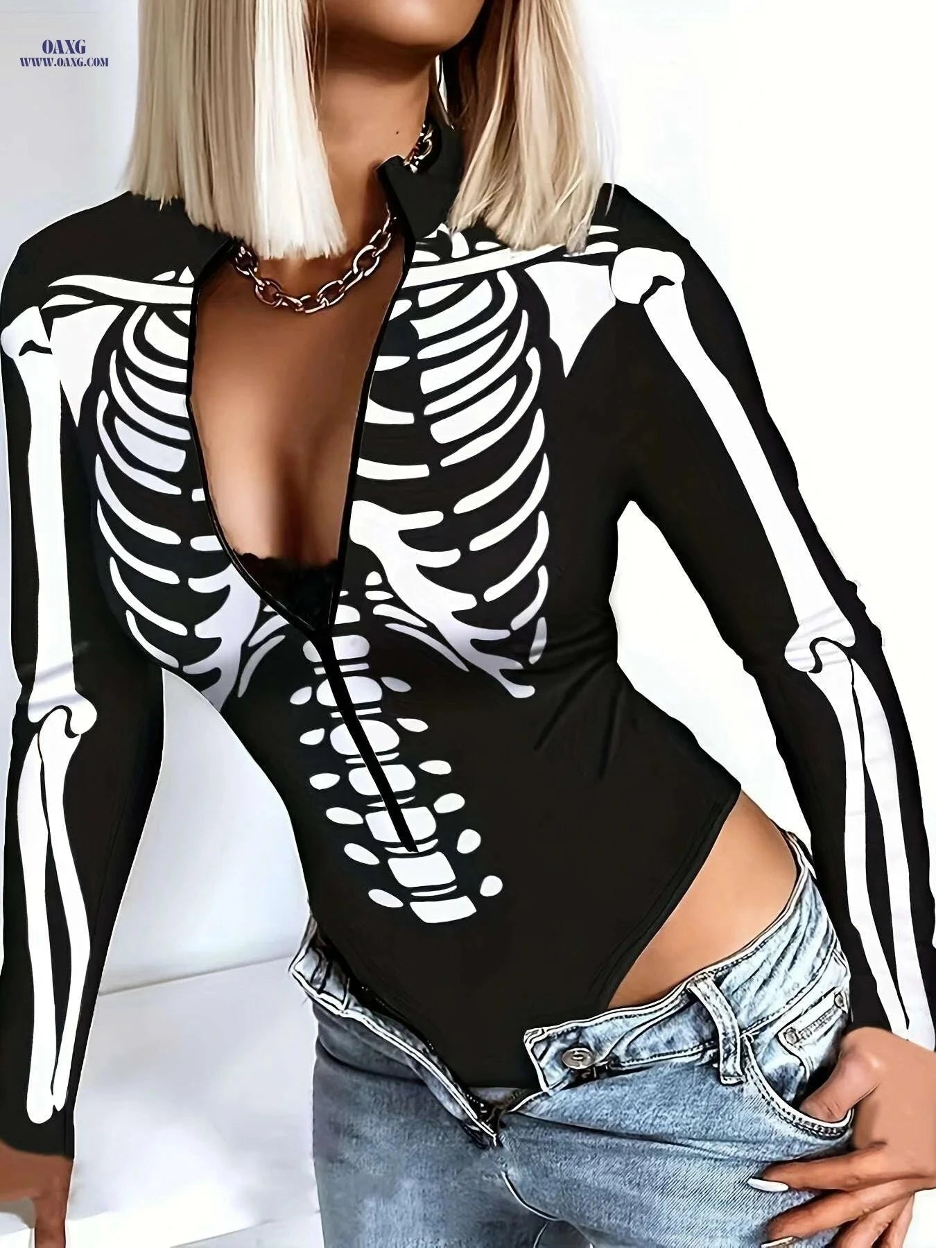 Women's Slim-Fit Bodysuit Top - Vintage Geometric Spring/Summer   OAXG Black / S