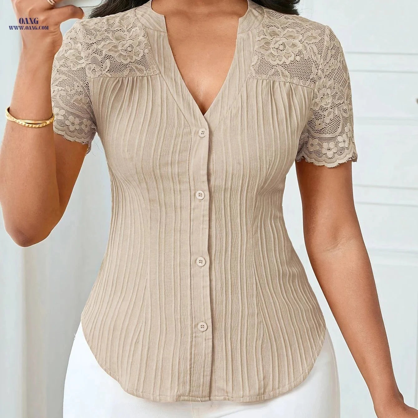 Women's Slim-Fit Hollow-Out Design Shirt Top - Elegant Summer Style   OAXG Peach / XS