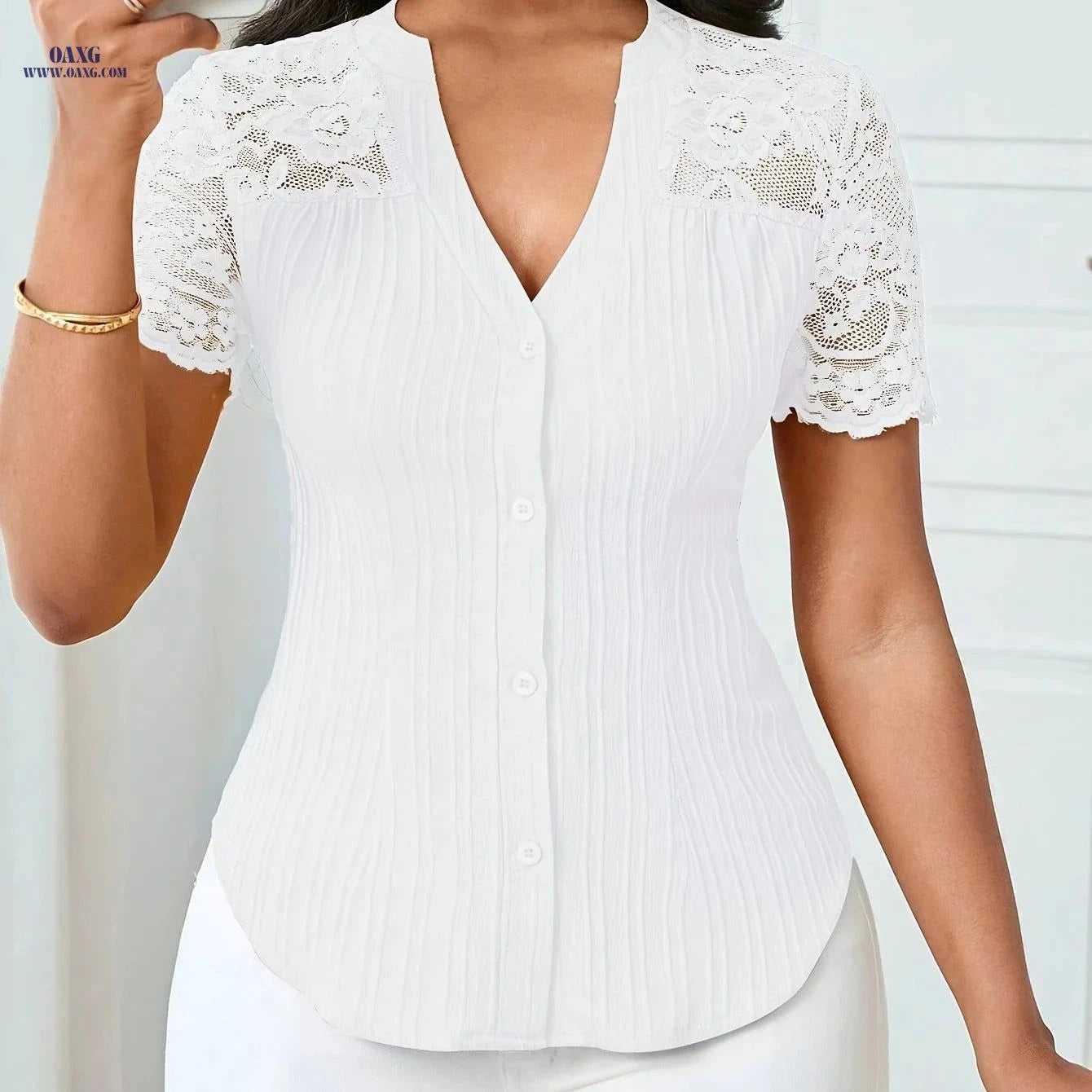 Women's Slim-Fit Hollow-Out Design Shirt Top - Elegant Summer Style   OAXG Peach / XS