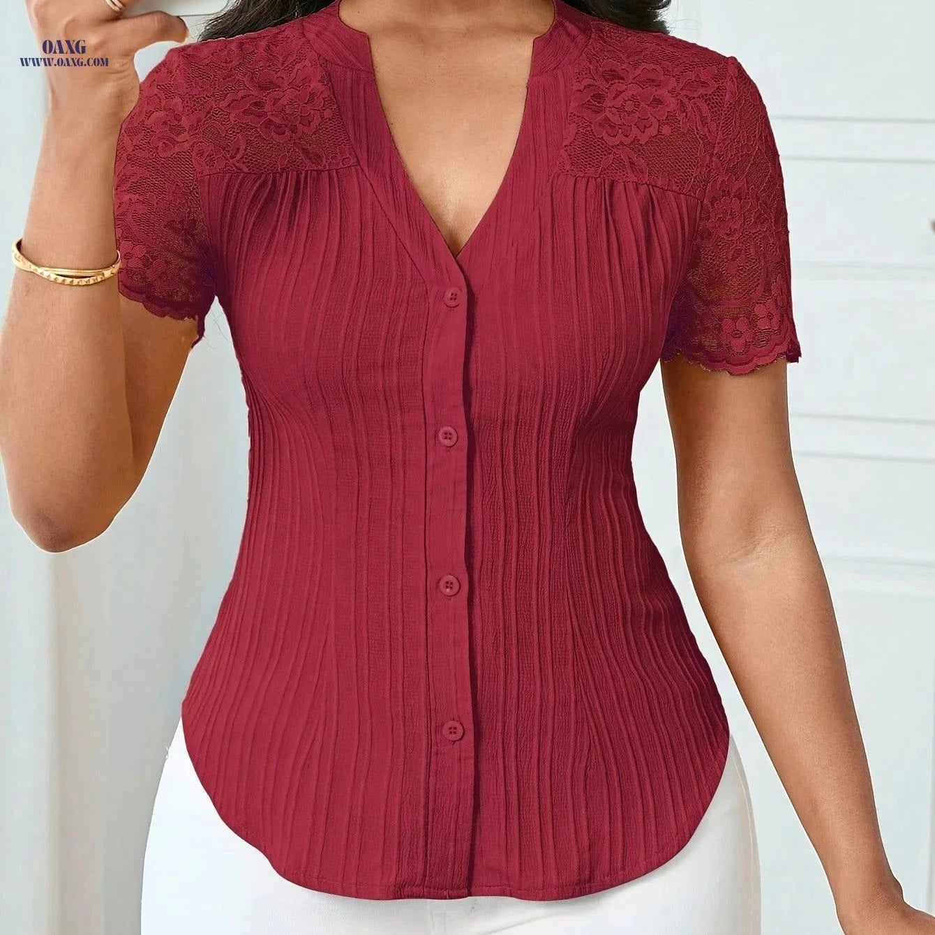 Women's Slim-Fit Hollow-Out Design Shirt Top - Elegant Summer Style   OAXG Peach / XS