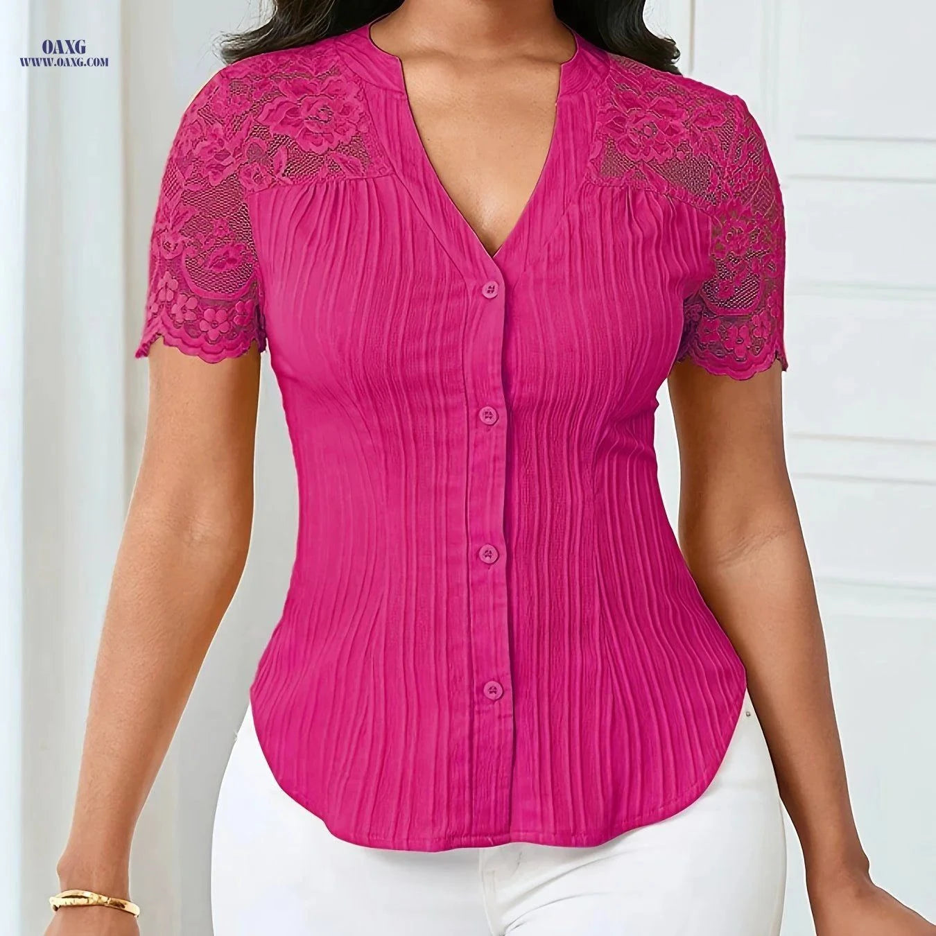 Women's Slim-Fit Hollow-Out Design Shirt Top - Elegant Summer Style   OAXG Peach / XS