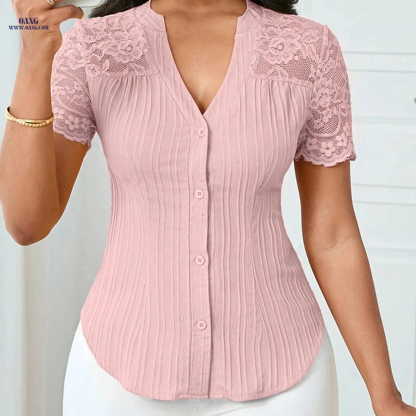 Women's Slim-Fit Hollow-Out Design Shirt Top - Elegant Summer Style   OAXG Peach / XS