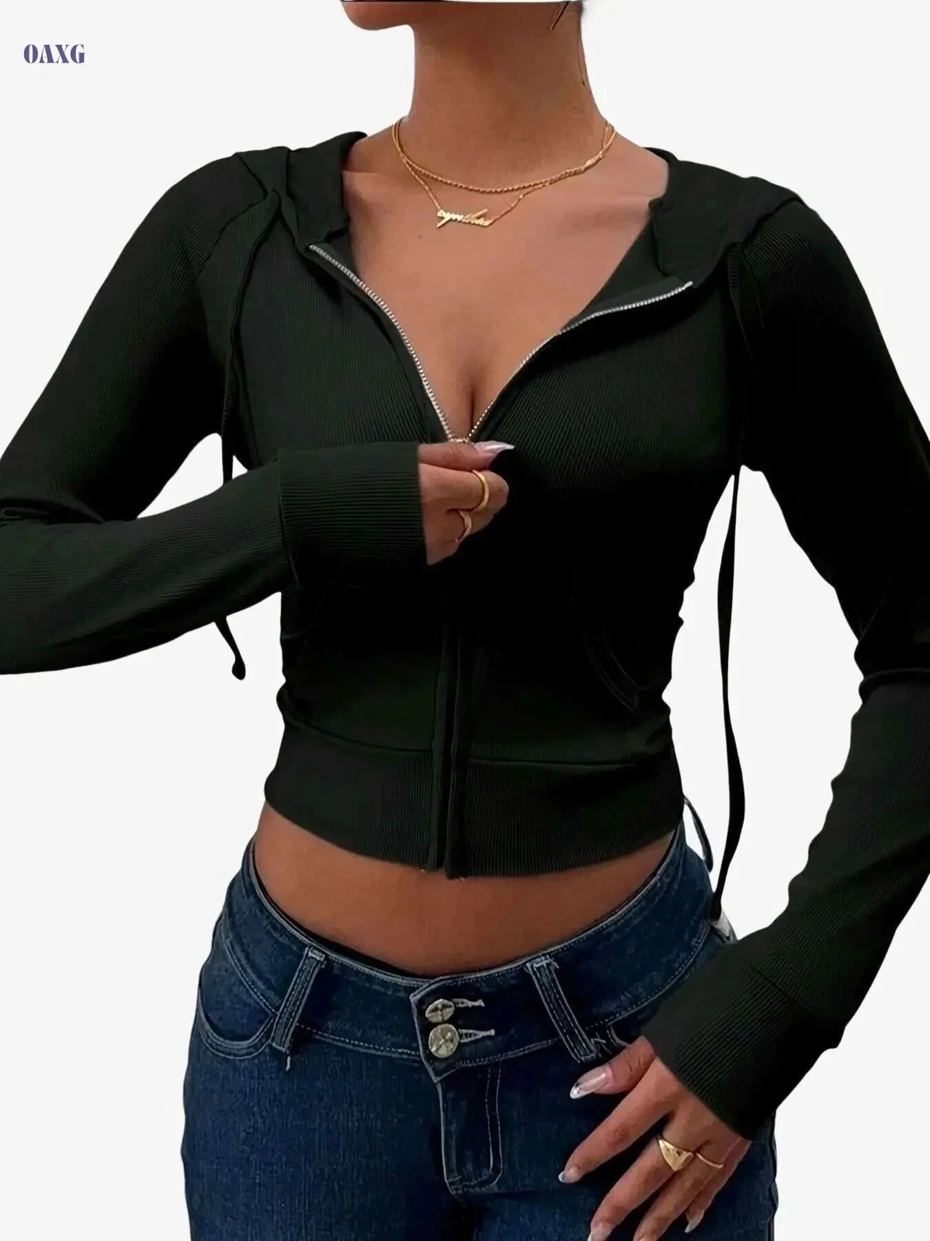 Women's Slim Fit Hooded Jacket - Stretchy Zip-Up Athletic Coat   OAXG Black / S