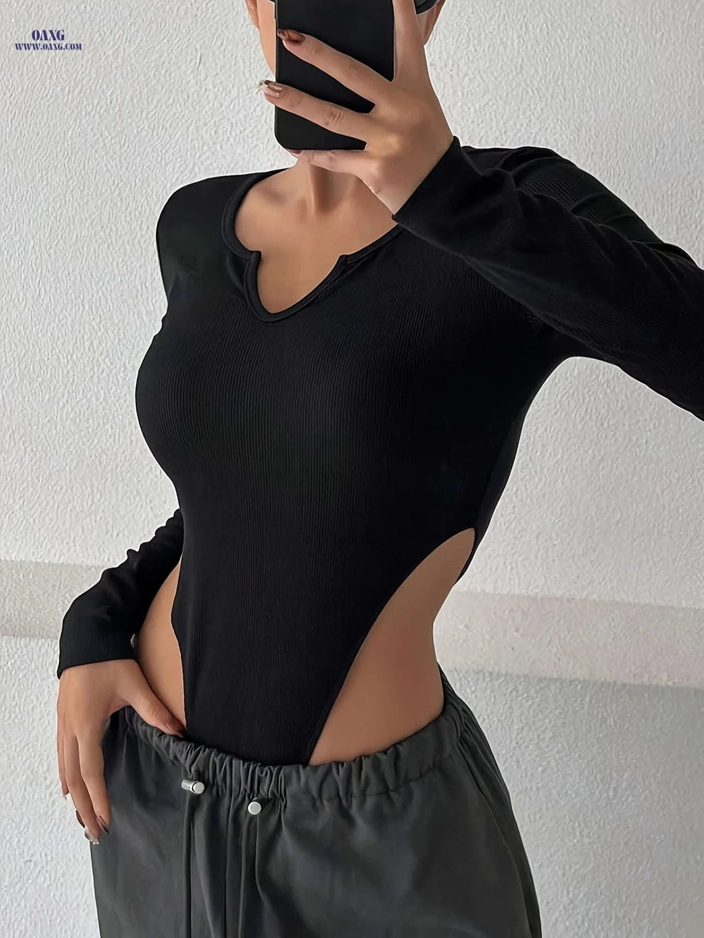 Women's Slim Fit Long Sleeve Bodysuit - Soft & Stretchy Crew Neck   OAXG Black / S