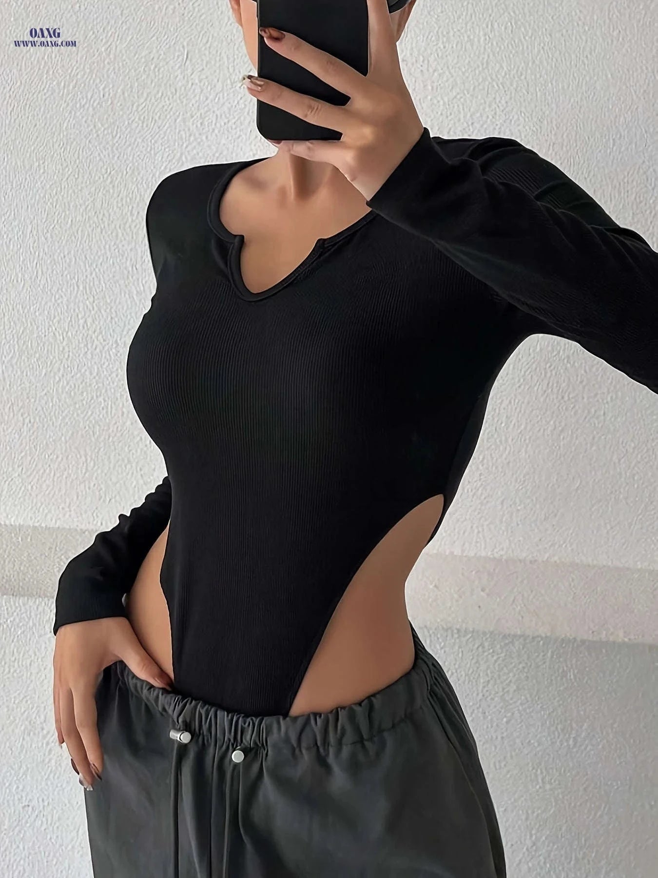 Women's Slim Fit Long Sleeve Bodysuit - Soft & Stretchy Crew Neck   OAXG Black / S