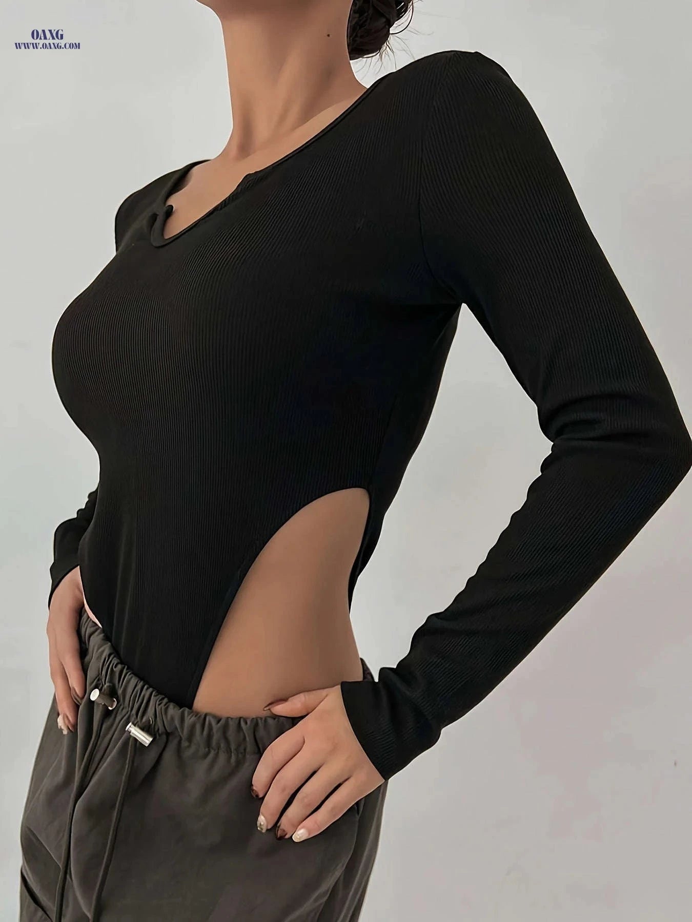 Women's Slim Fit Long Sleeve Bodysuit - Soft & Stretchy Crew Neck   OAXG Black / S
