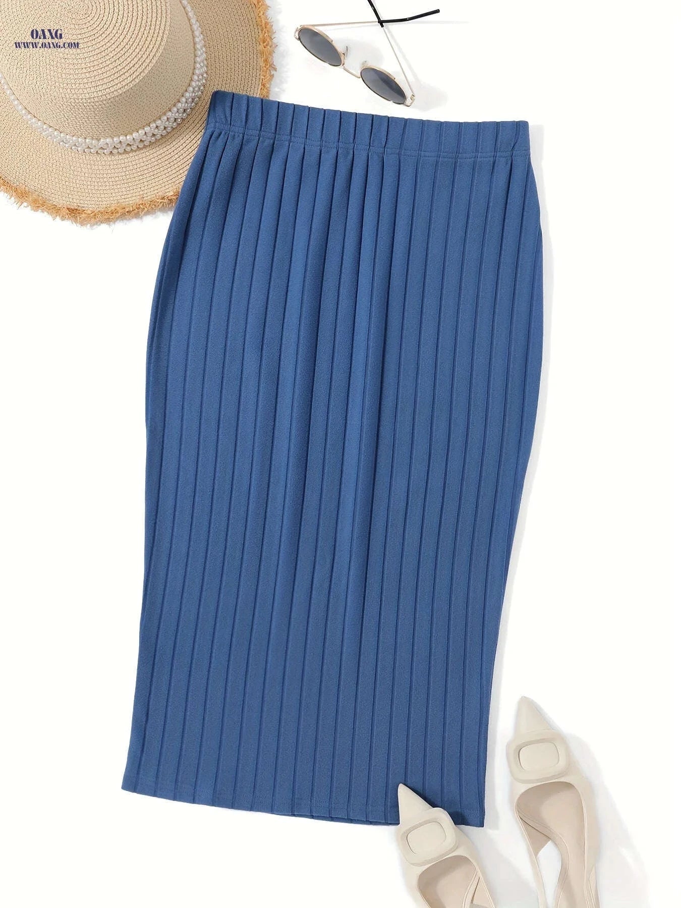 Women's Slim-Fit Ribbed Pencil Skirt - Elegant Solid Color for Summer   OAXG 
