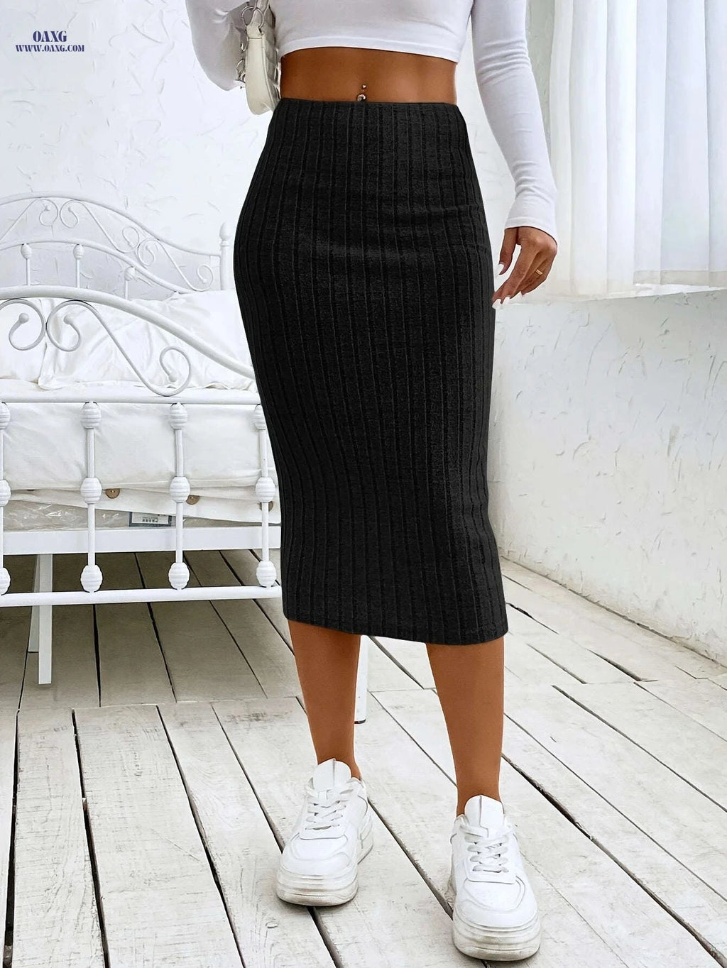 Women's Slim-Fit Ribbed Pencil Skirt - Elegant Solid Color for Summer   OAXG Black / S