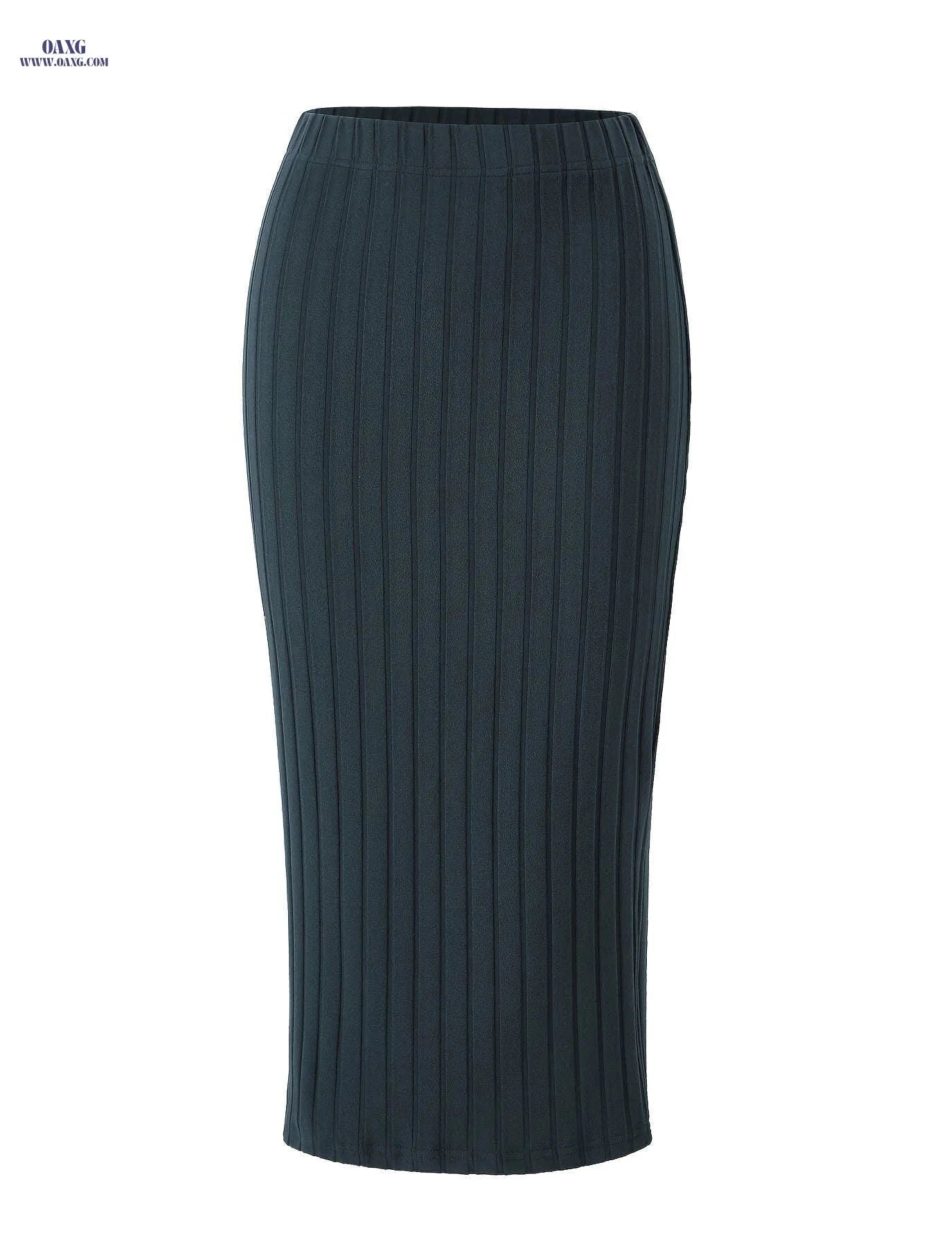 Women's Slim-Fit Ribbed Pencil Skirt - Elegant Solid Color for Summer   OAXG Black / S