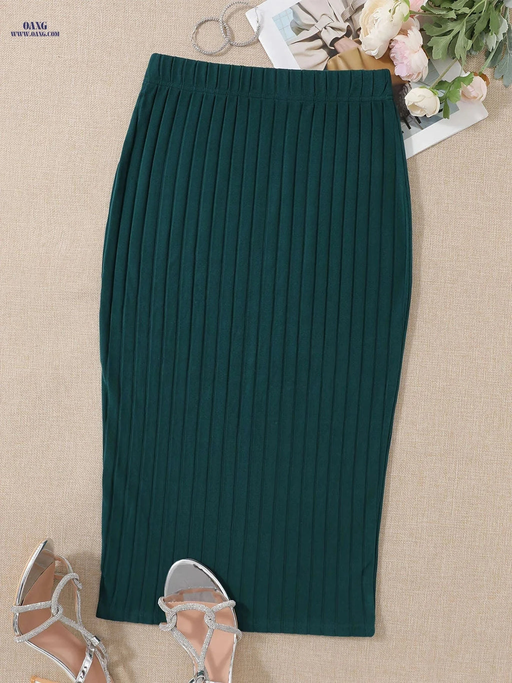 Women's Slim-Fit Ribbed Pencil Skirt - Elegant Solid Color for Summer   OAXG 