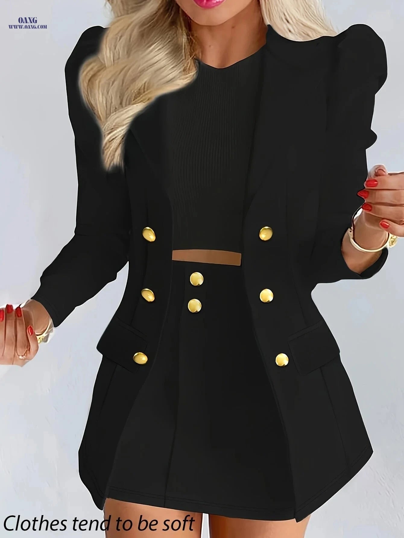 Women's Slim Fit Two-Piece Suit Set - Casual Solid Color Skirt   OAXG Black / S
