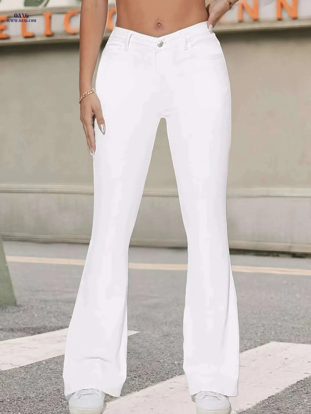 Women's Slim-Fit White Flared Jeans - High-Stretch, Casual & Formal   OAXG White / XS
