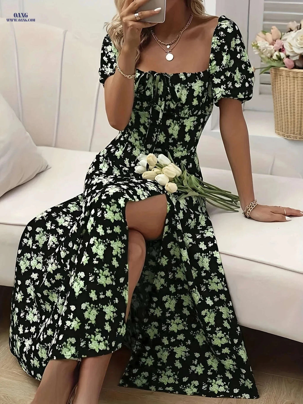 Women's Slit Design Floral Dress - Fit and Flare Summer Style   OAXG Blue Flower / XXL