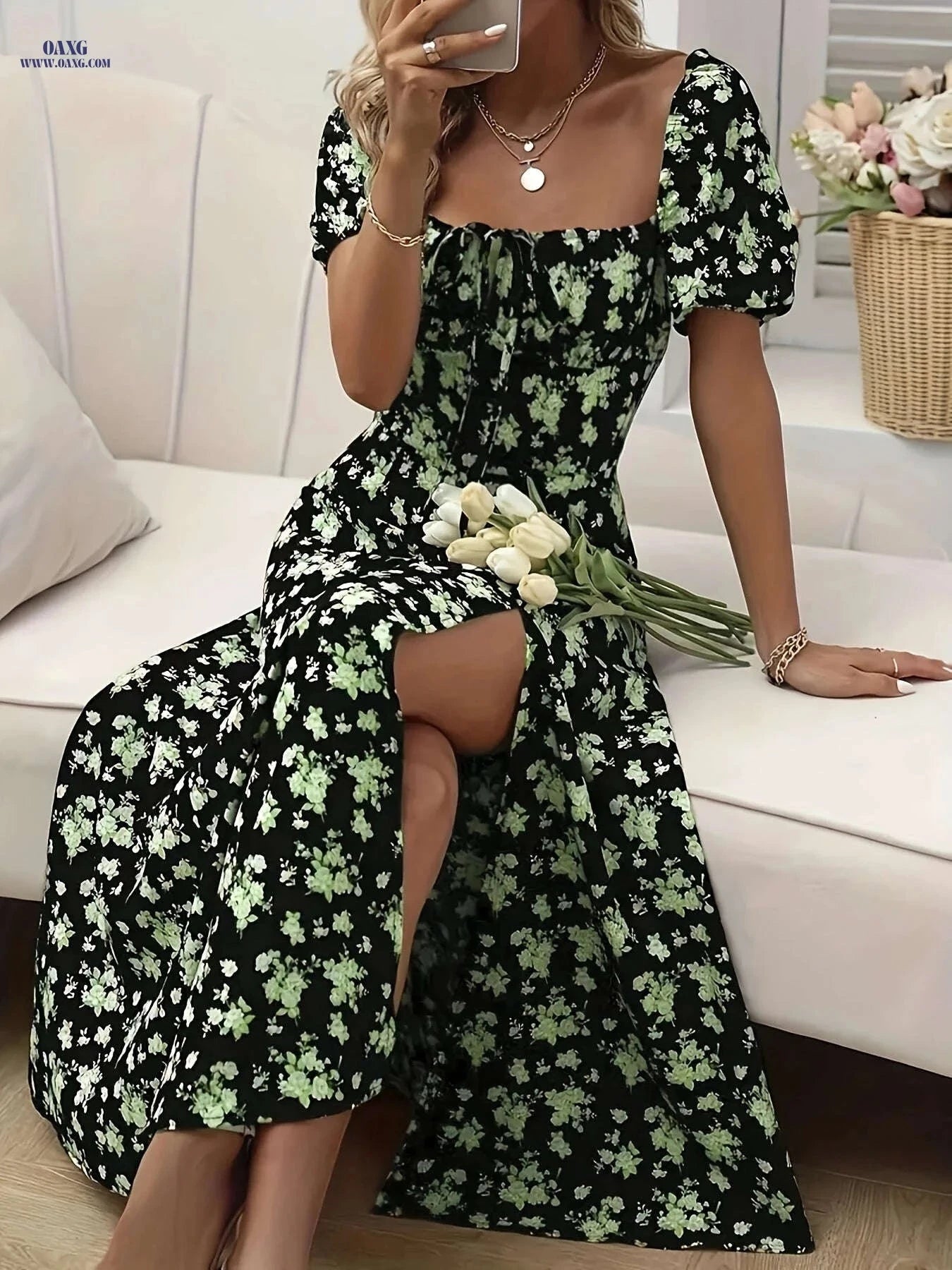 Women's Slit Design Floral Dress - Fit and Flare Summer Style   OAXG Blue Flower / XXL