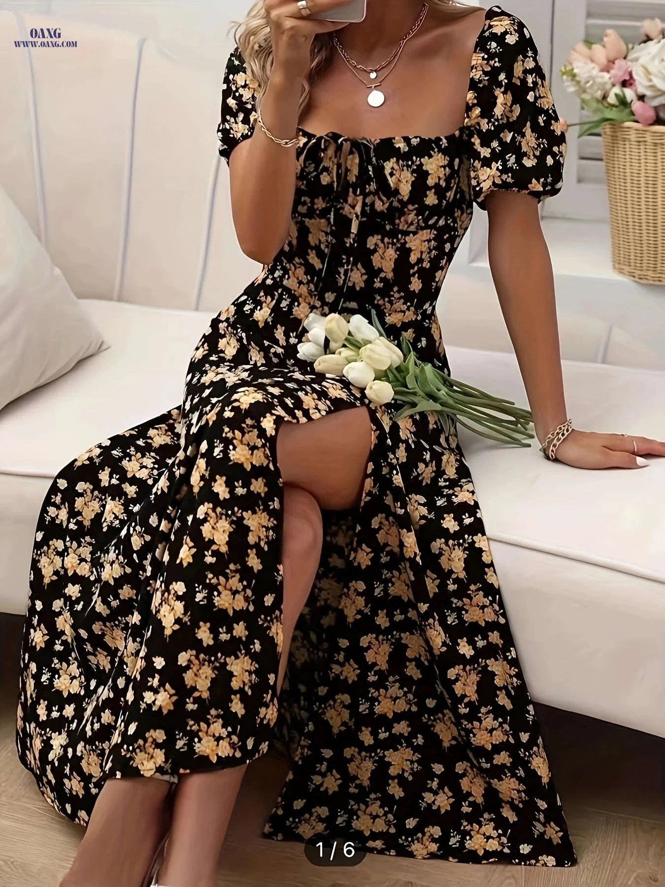 Women's Slit Design Floral Dress - Fit and Flare Summer Style   OAXG Blue Flower / XXL