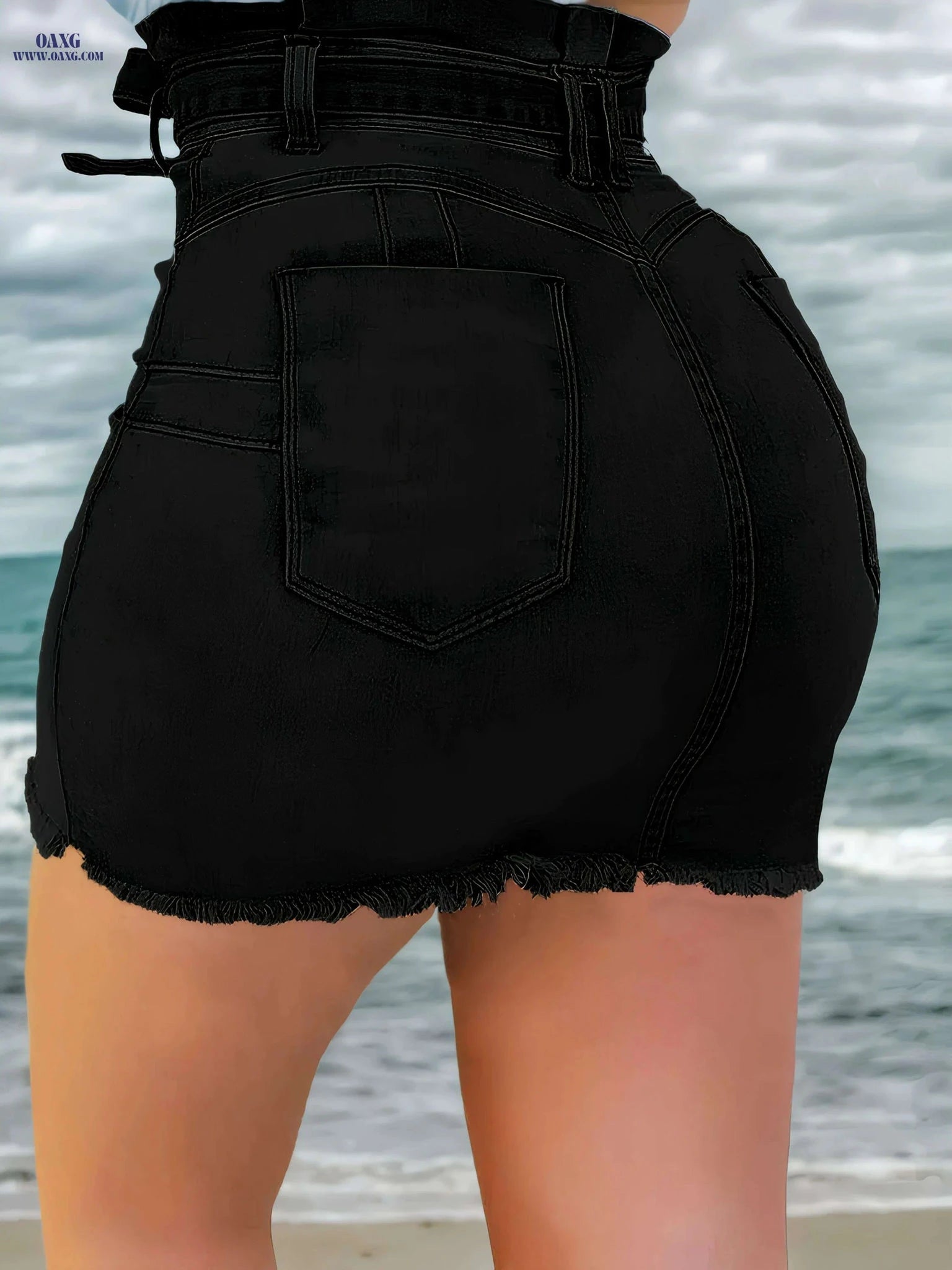 Women's Solid Black A-Line Skirt with Belt - Chic Rayon Design   OAXG Black / S