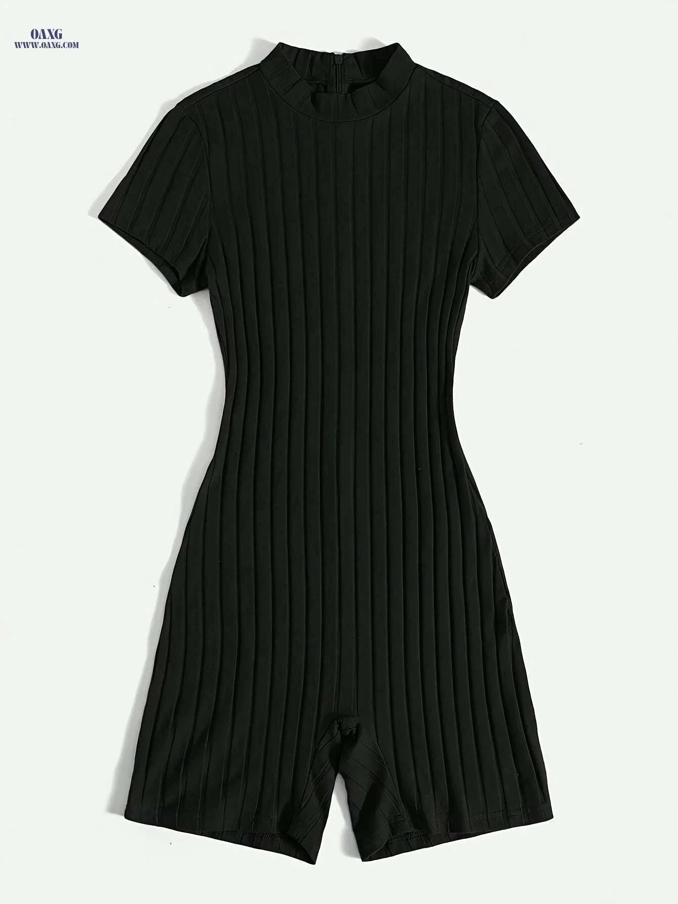 Women's Solid Black Ribbed Jumpsuit - Elegant Midi-Length Outfit   OAXG Black / S