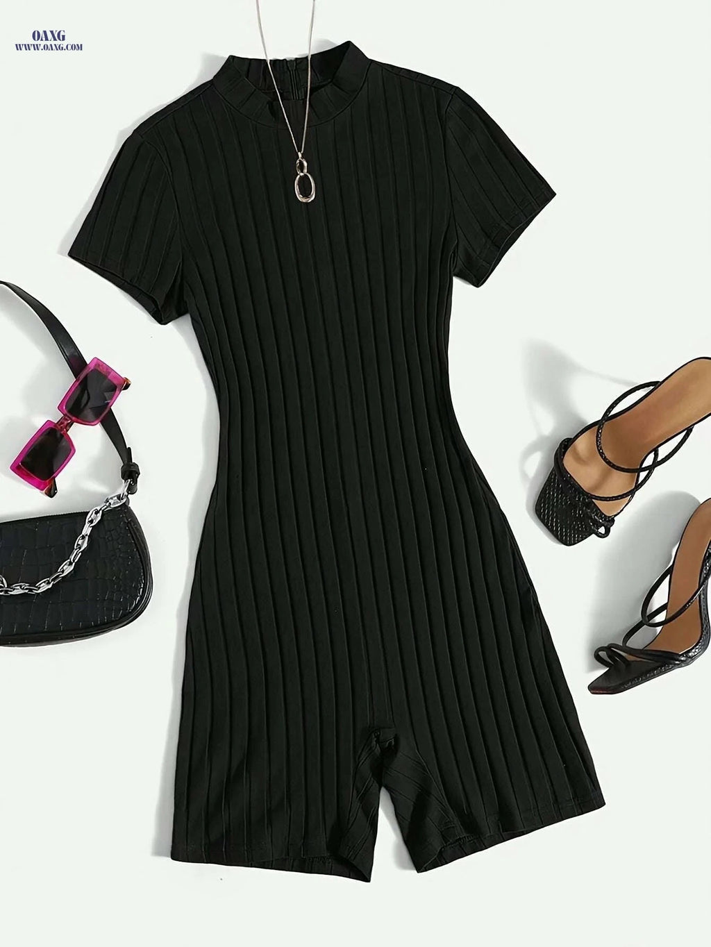 Women's Solid Black Ribbed Jumpsuit - Elegant Midi-Length Outfit   OAXG Black / S