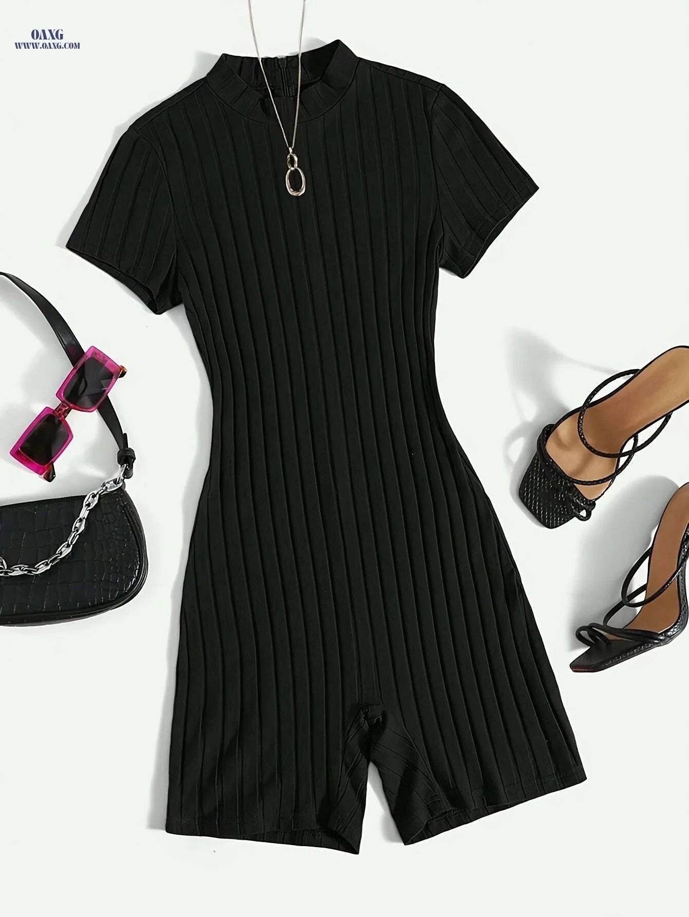 Women's Solid Black Ribbed Jumpsuit - Elegant Midi-Length Outfit   OAXG Black / S
