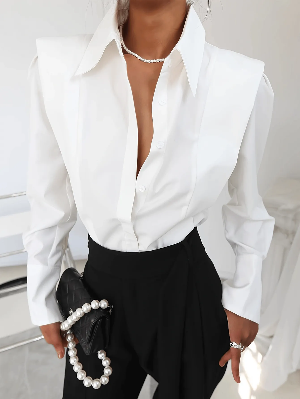 Women'S Solid Casual Button-Up Long Sleeve Shirt   OAXG White / S