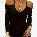 Women's Solid Cold Shoulder V-neck T-Shirt - Casual Long Sleeve Style   OAXG 