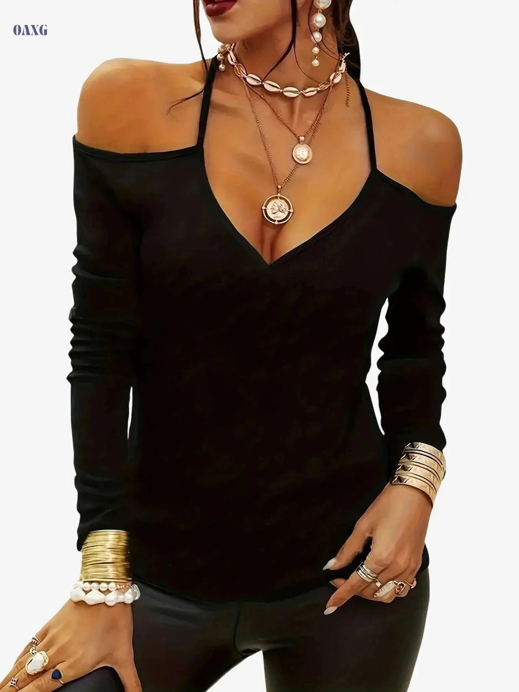Women's Solid Cold Shoulder V-neck T-Shirt - Casual Long Sleeve Style   OAXG Deep Grey / S