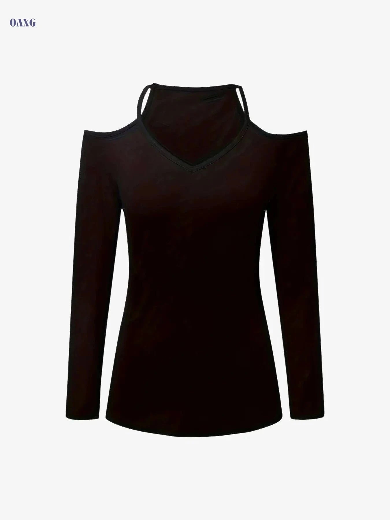 Women's Solid Cold Shoulder V-neck T-Shirt - Casual Long Sleeve Style   OAXG Deep Grey / S
