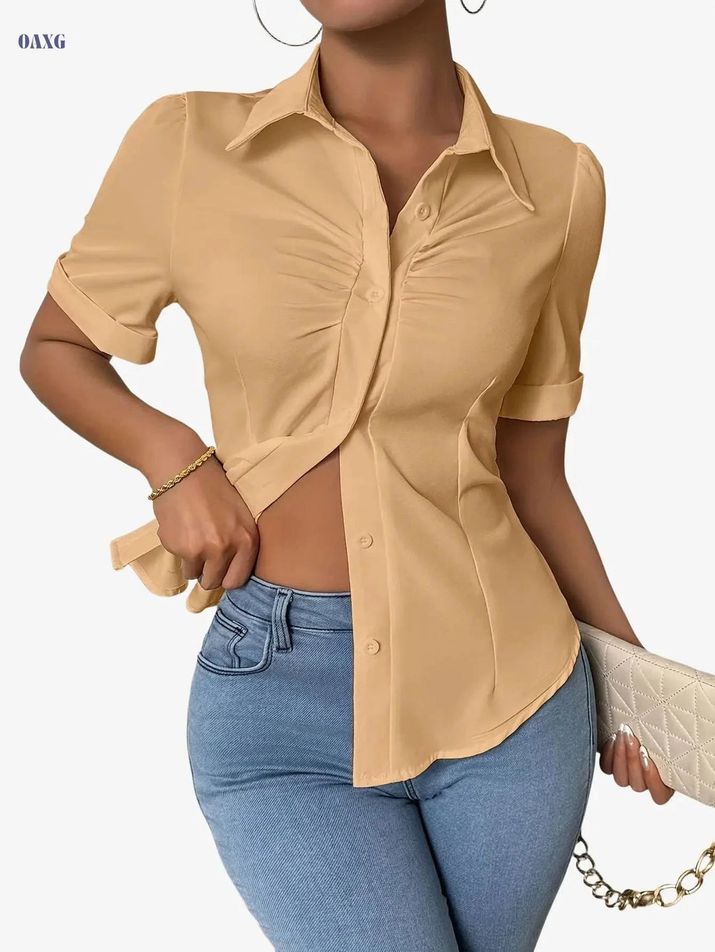 Women's Solid Color Button-Front Shirt - Elegant Short Sleeve Top   OAXG 