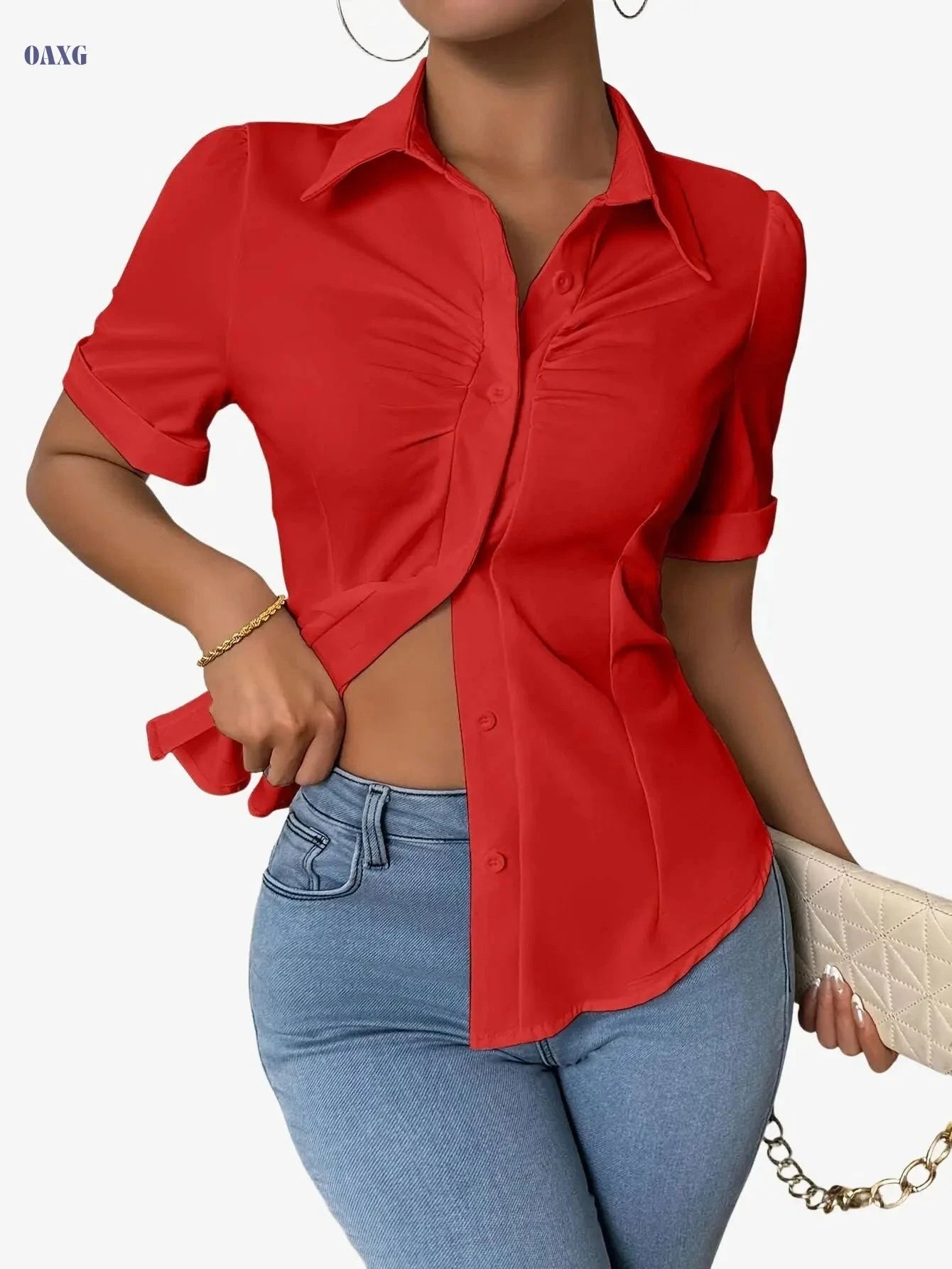 Women's Solid Color Button-Front Shirt - Elegant Short Sleeve Top   OAXG 