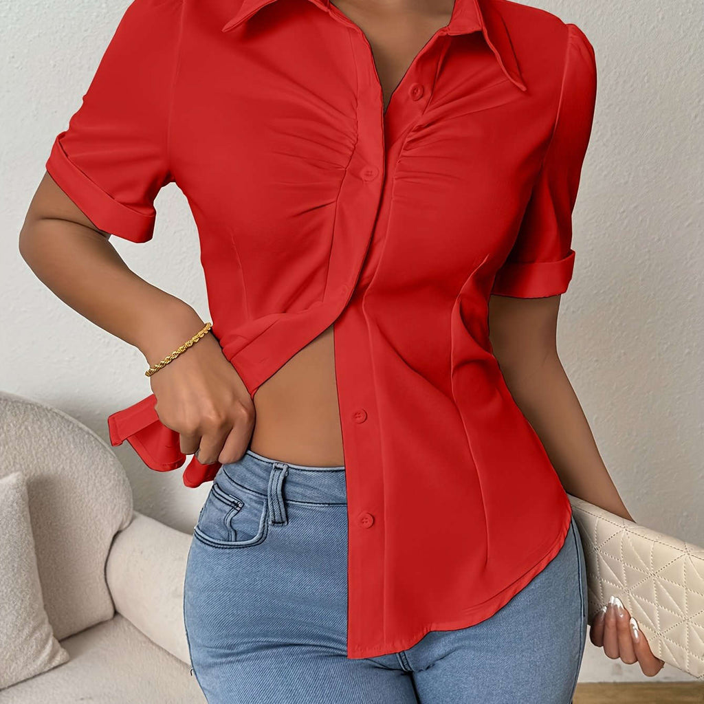 Women's Solid Color Button-Front Shirt - Elegant Short Sleeve Top   OAXG 