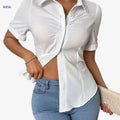 Women's Solid Color Button-Front Shirt - Elegant Short Sleeve Top   OAXG 