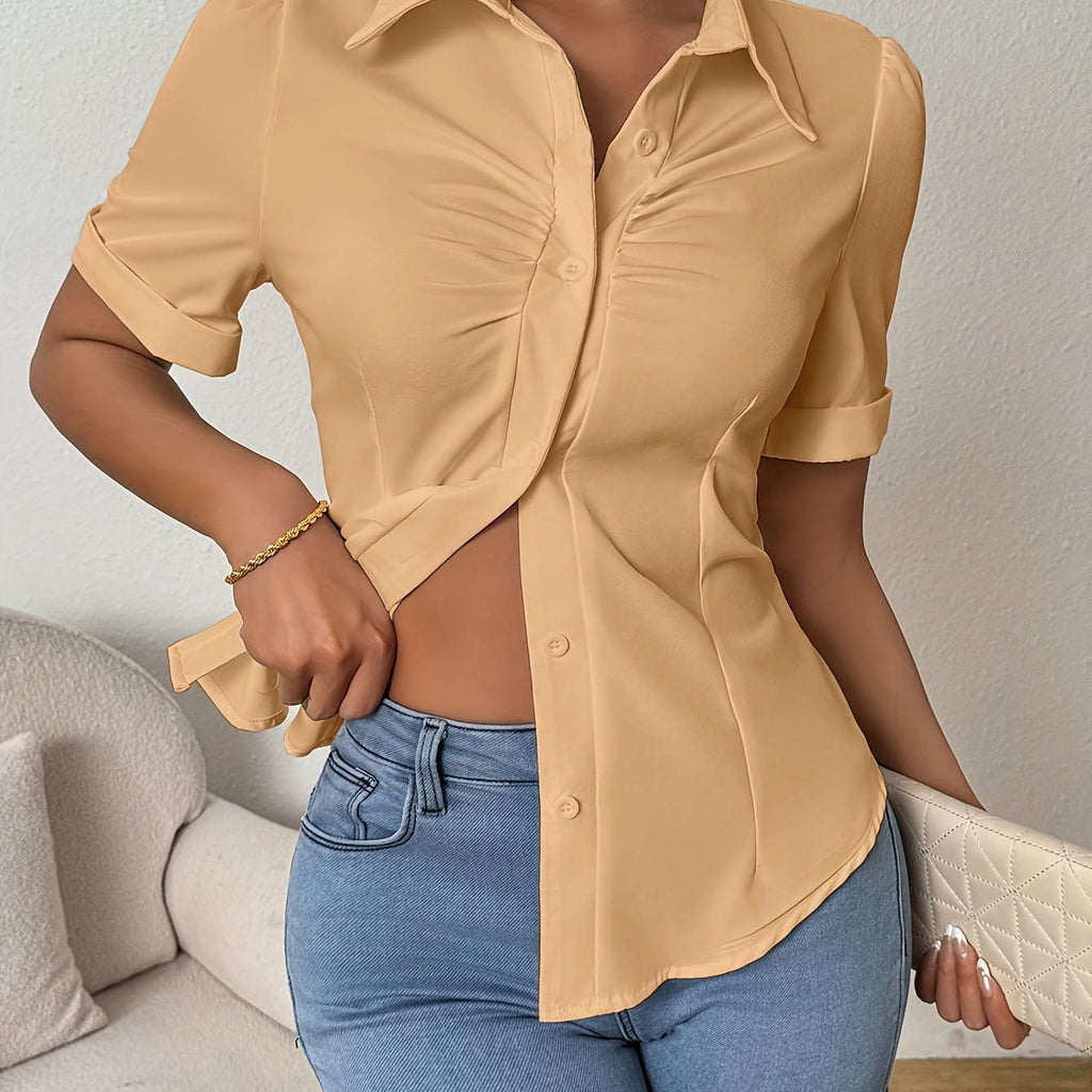 Women's Solid Color Button-Front Shirt - Elegant Short Sleeve Top   OAXG 