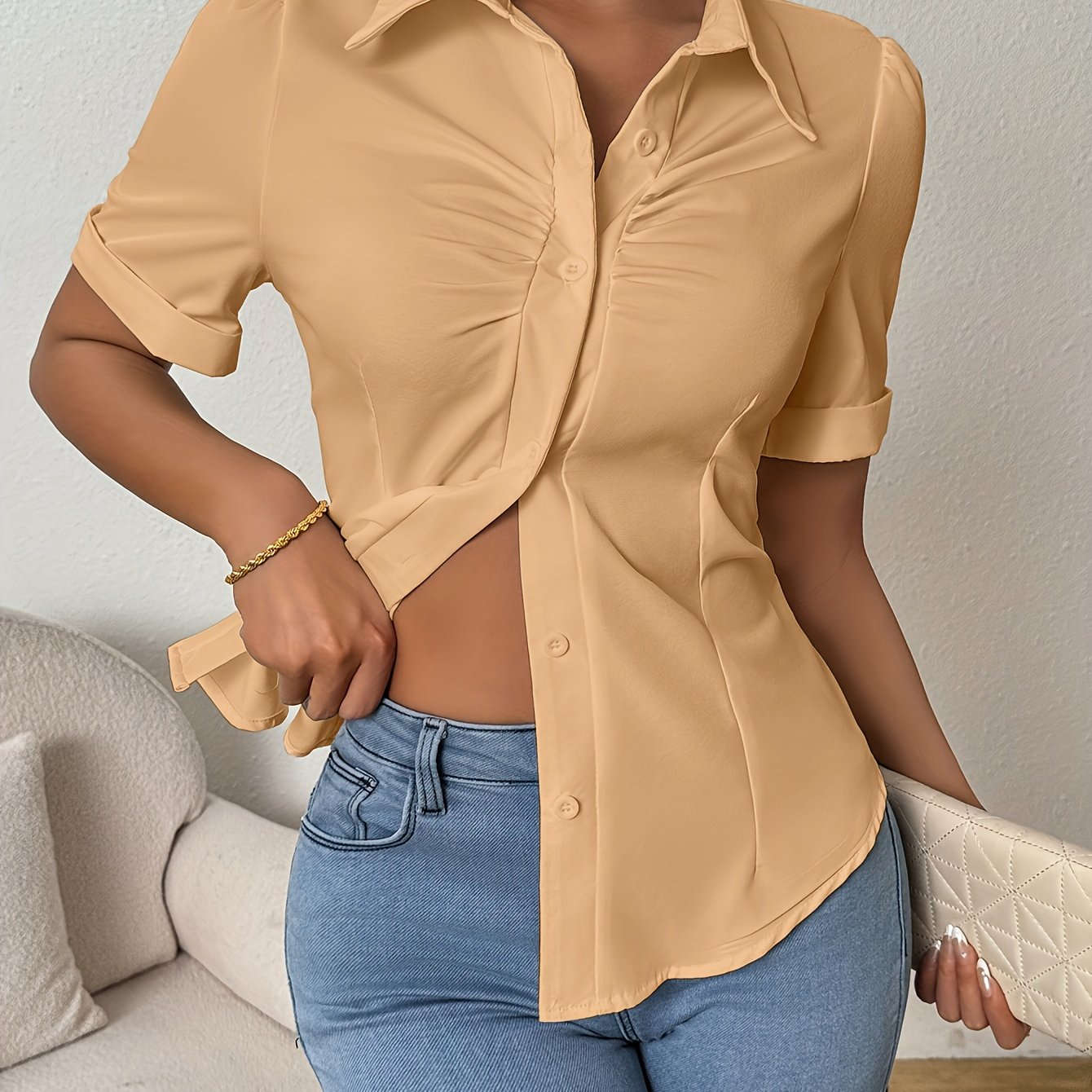 Women's Solid Color Button-Front Shirt - Elegant Short Sleeve Top   OAXG 