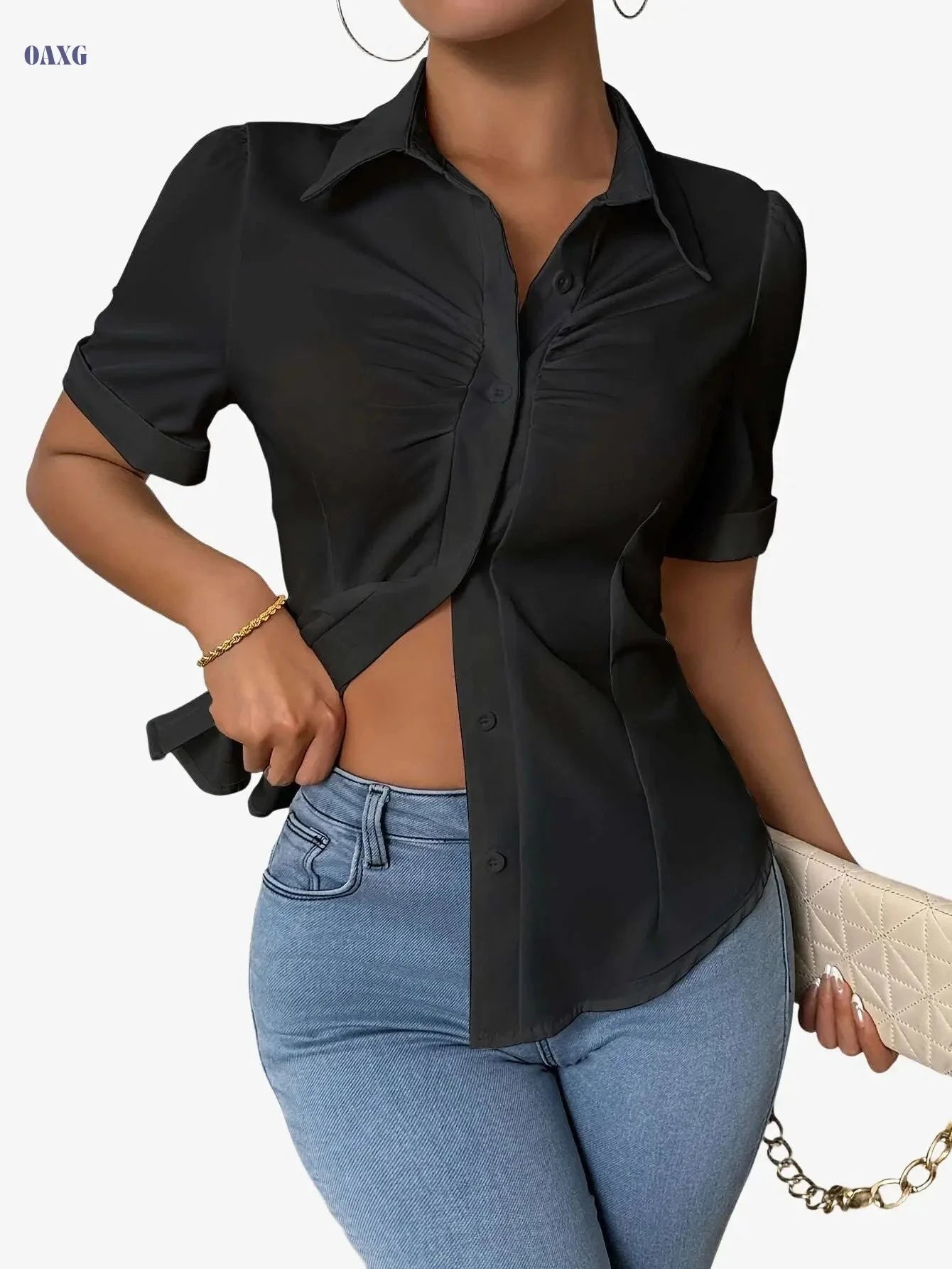 Women's Solid Color Button-Front Shirt - Elegant Short Sleeve Top   OAXG White / S