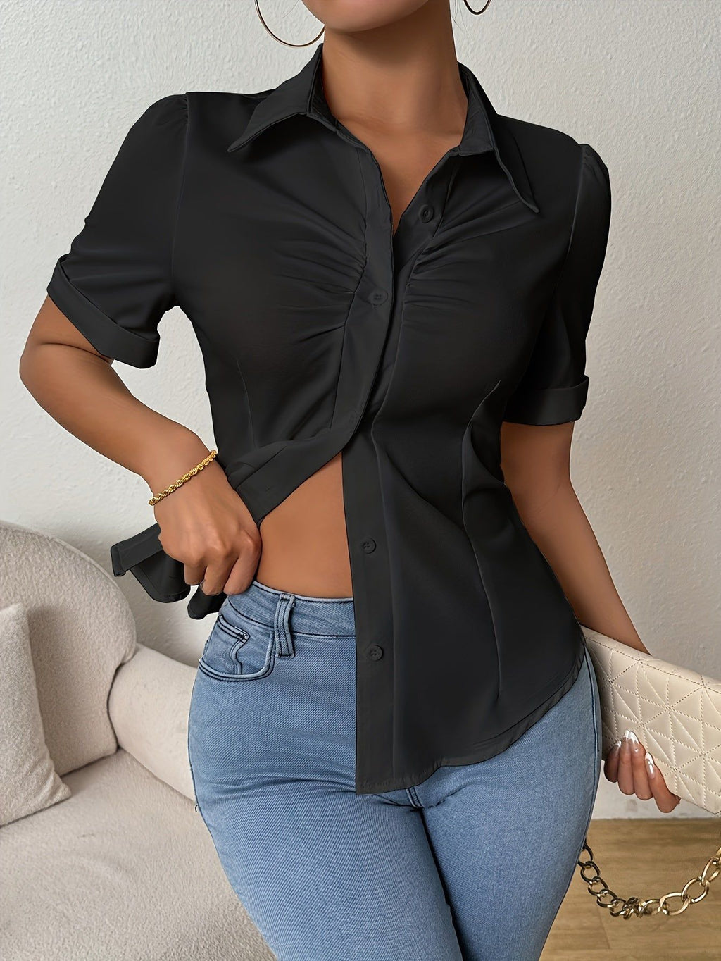 Women's Solid Color Button-Front Short Sleeve Shirt   OAXG White / S