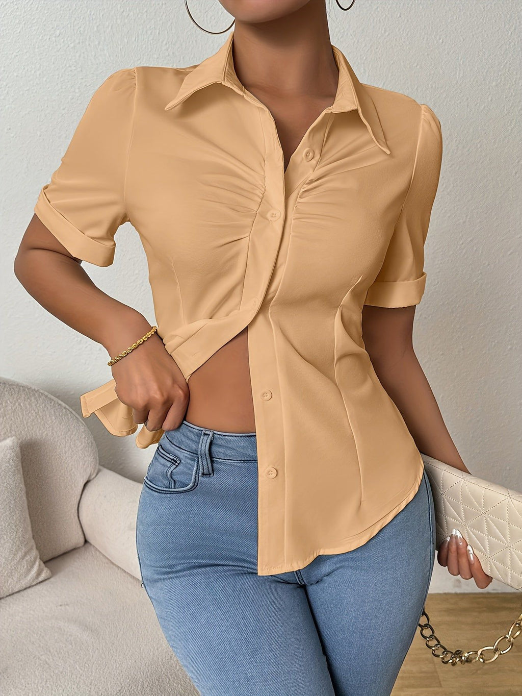 Women's Solid Color Button-Front Short Sleeve Shirt   OAXG White / S