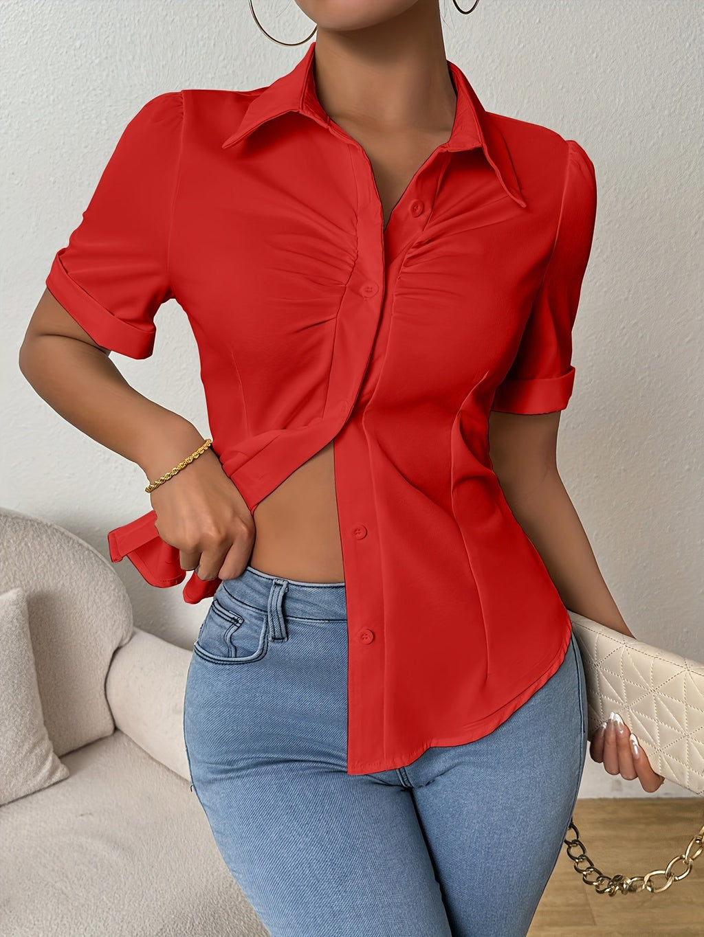 Women's Solid Color Button-Front Short Sleeve Shirt   OAXG White / S