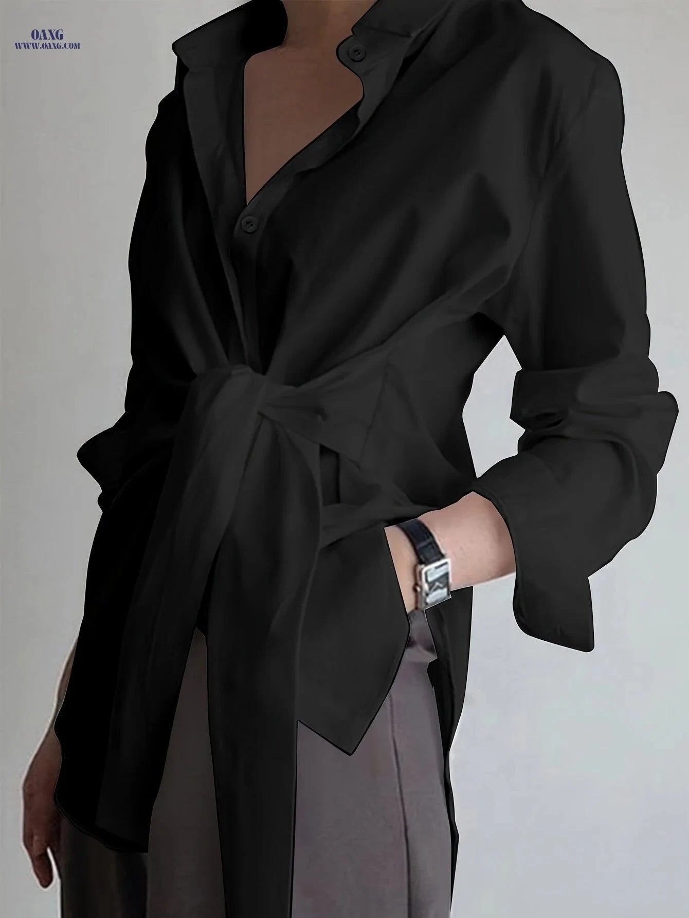 Women’s Solid Color Button-Up Long Sleeve Shirt - Casual Semi-Sheer Style   OAXG Black / S