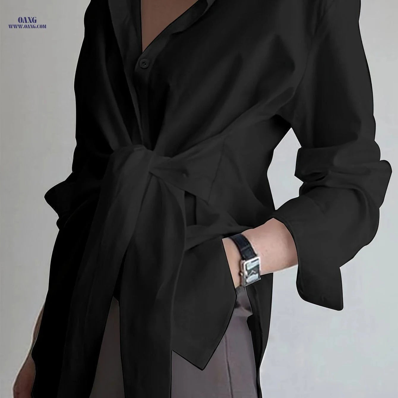 Women’s Solid Color Button-Up Long Sleeve Shirt - Casual Semi-Sheer Style   OAXG Black / S