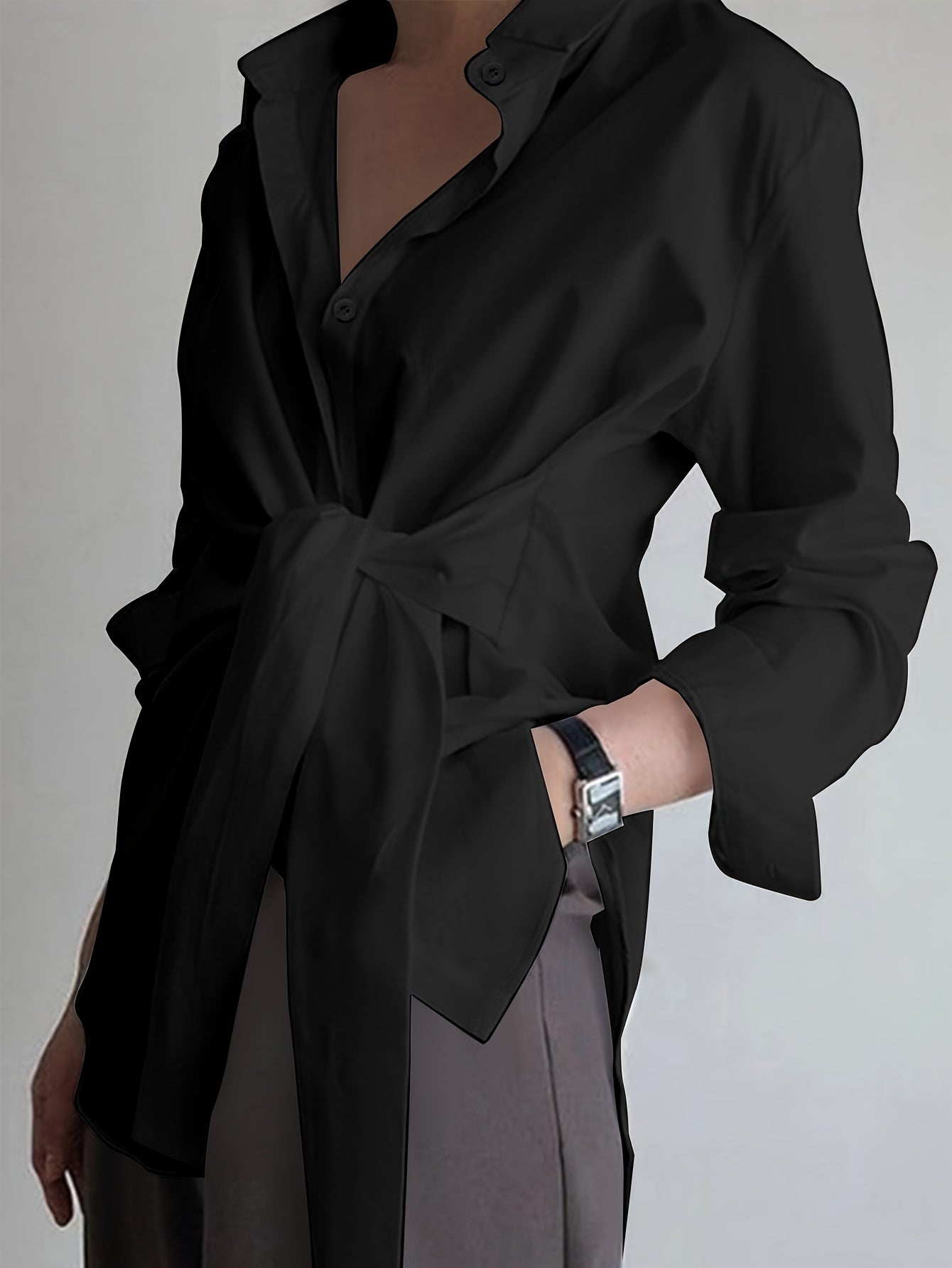 Women'S Solid Color Button-Up Long Sleeve Shirt   OAXG Black / S