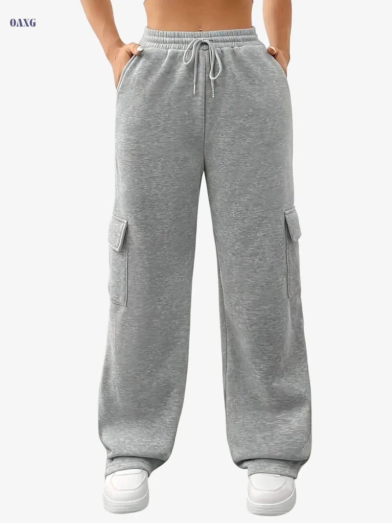 Women's Solid Color Cargo Jogger Sweatpants - Comfortable Heavyweight Fit   OAXG Black / S