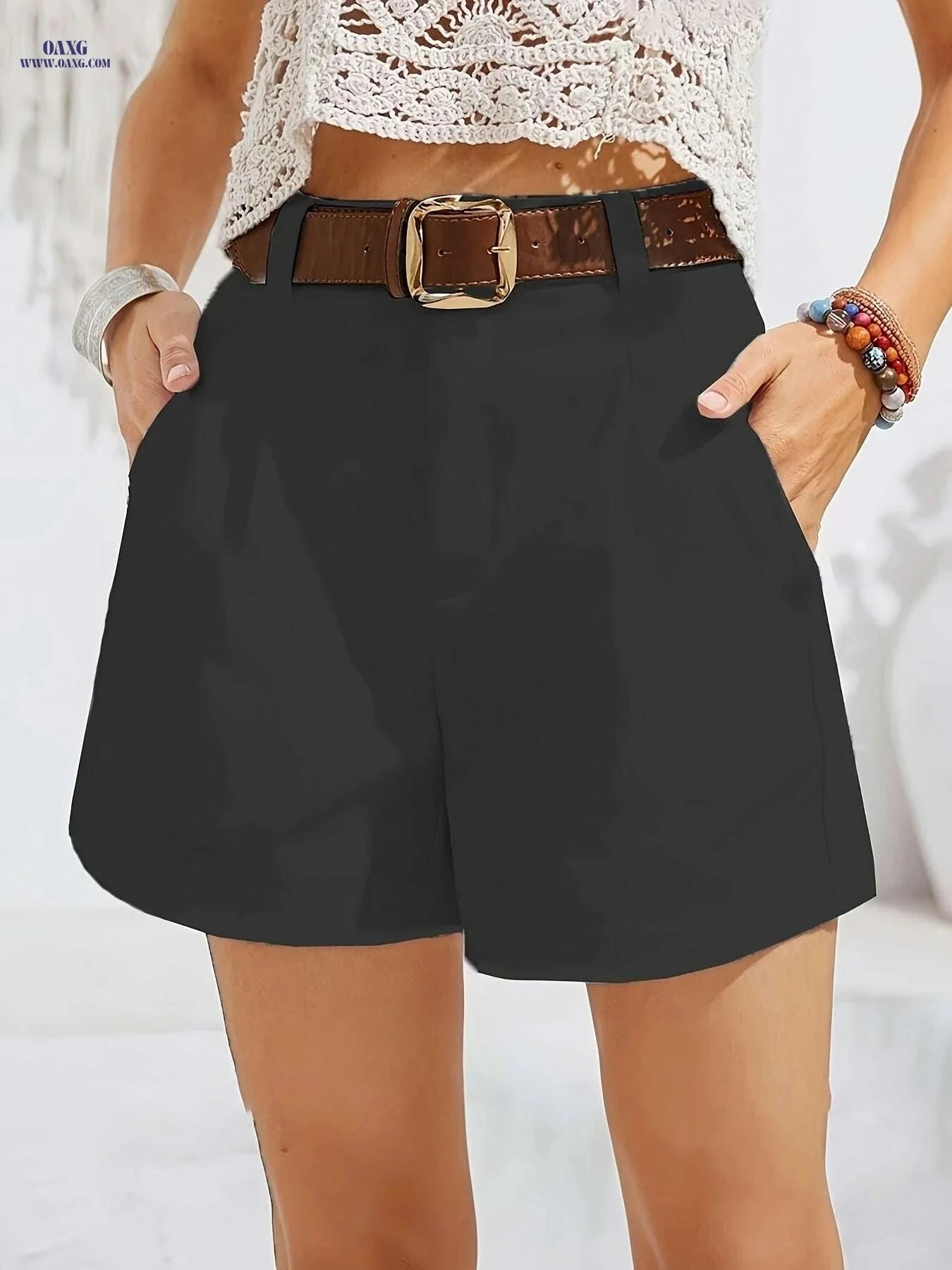 Women's Solid Color Casual Shorts - Pockets, Spring & Summer Style   OAXG 
