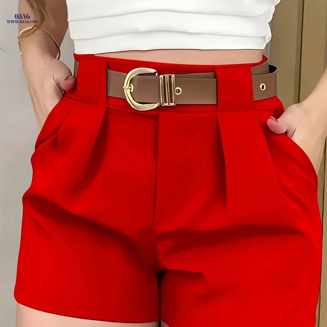 Women's Solid Color Casual Shorts - Slant Pockets for Spring/Fall   OAXG 