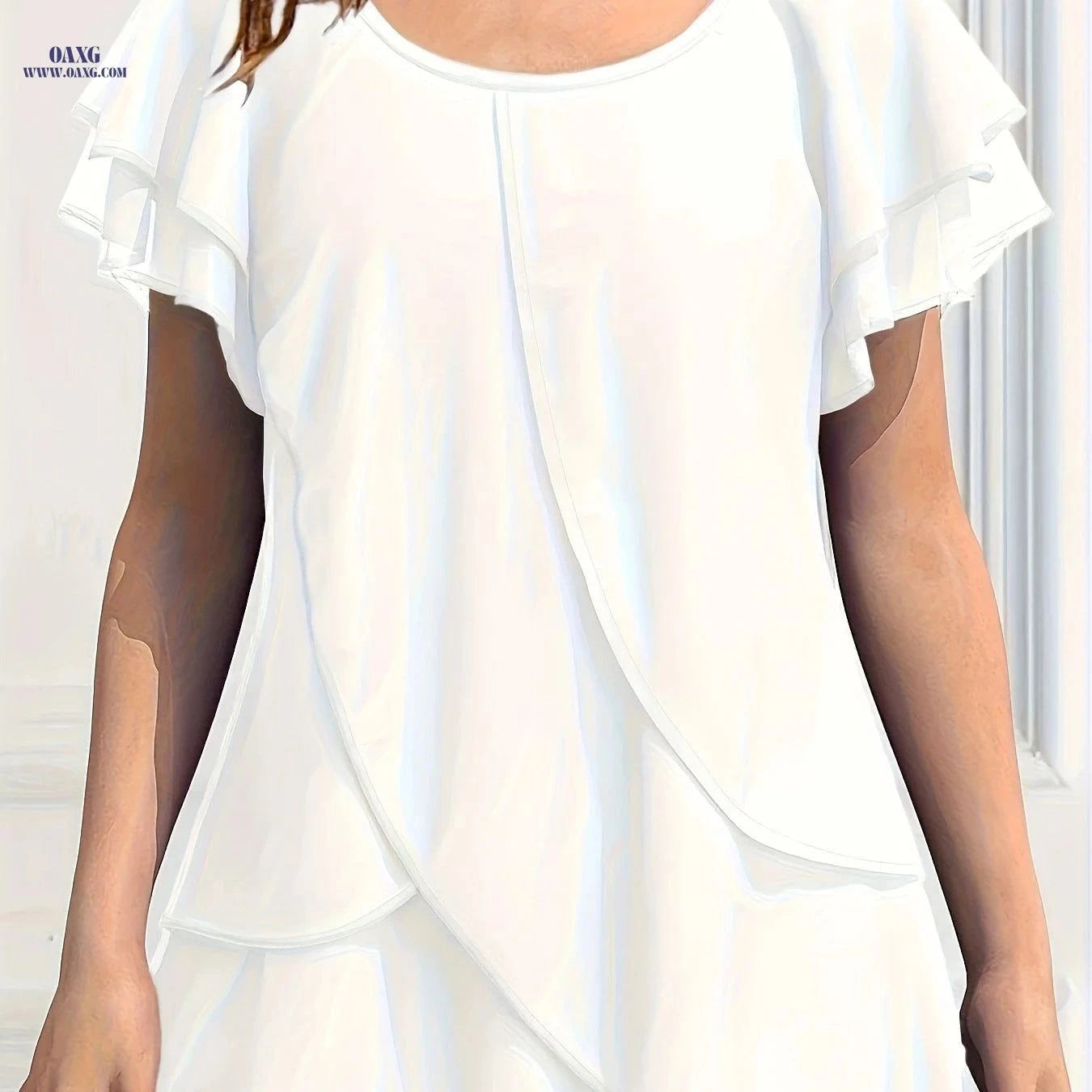 Women's Solid Color Chiffon Blouse - Ruffle Sleeve, Asymmetrical Hem   OAXG Purple / S