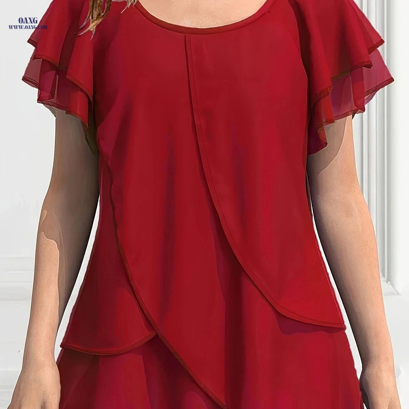 Women's Solid Color Chiffon Blouse - Ruffle Sleeve, Asymmetrical Hem   OAXG Purple / S