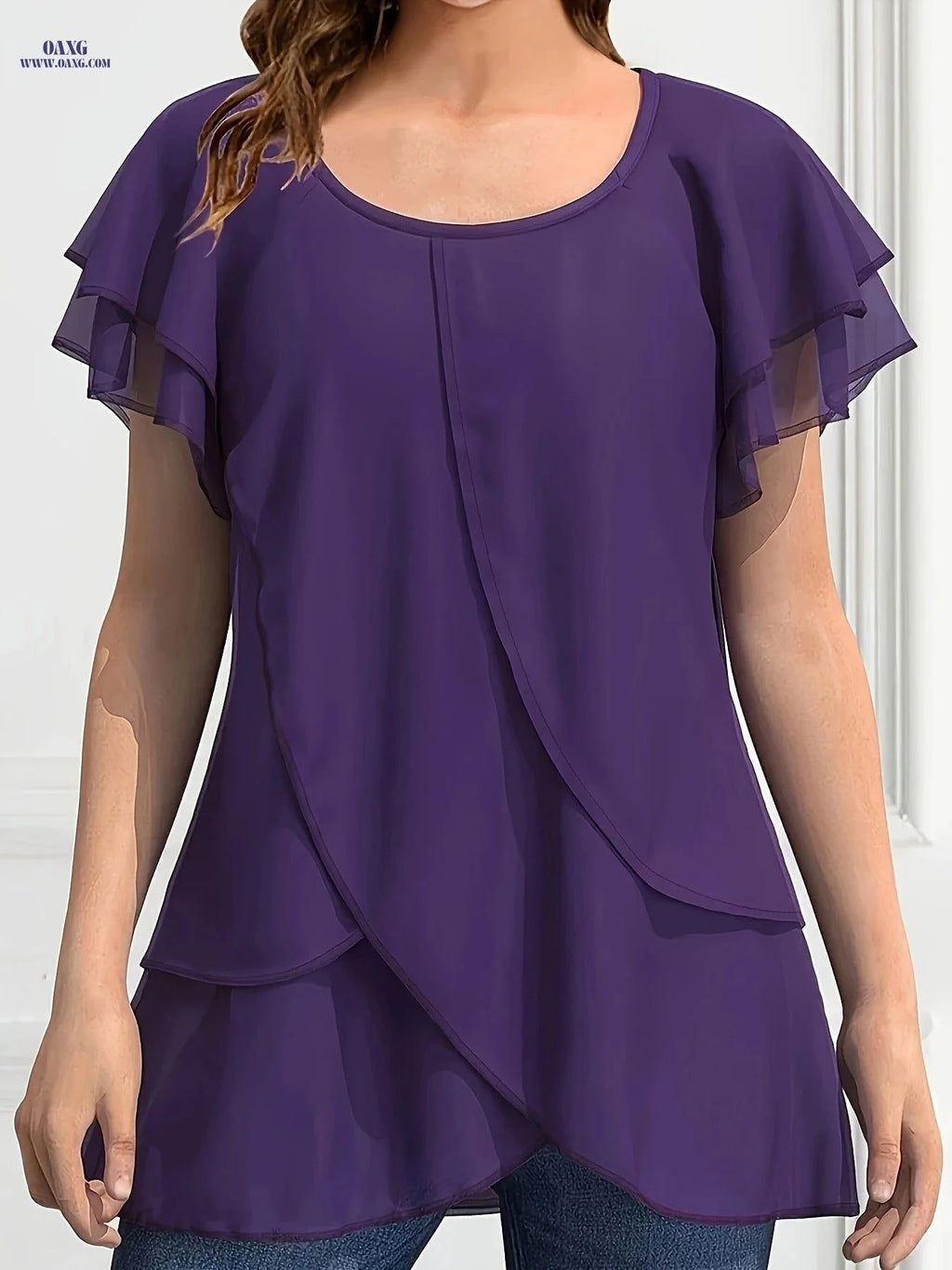 Women's Solid Color Chiffon Blouse - Ruffle Sleeve, Asymmetrical Hem   OAXG Purple / S