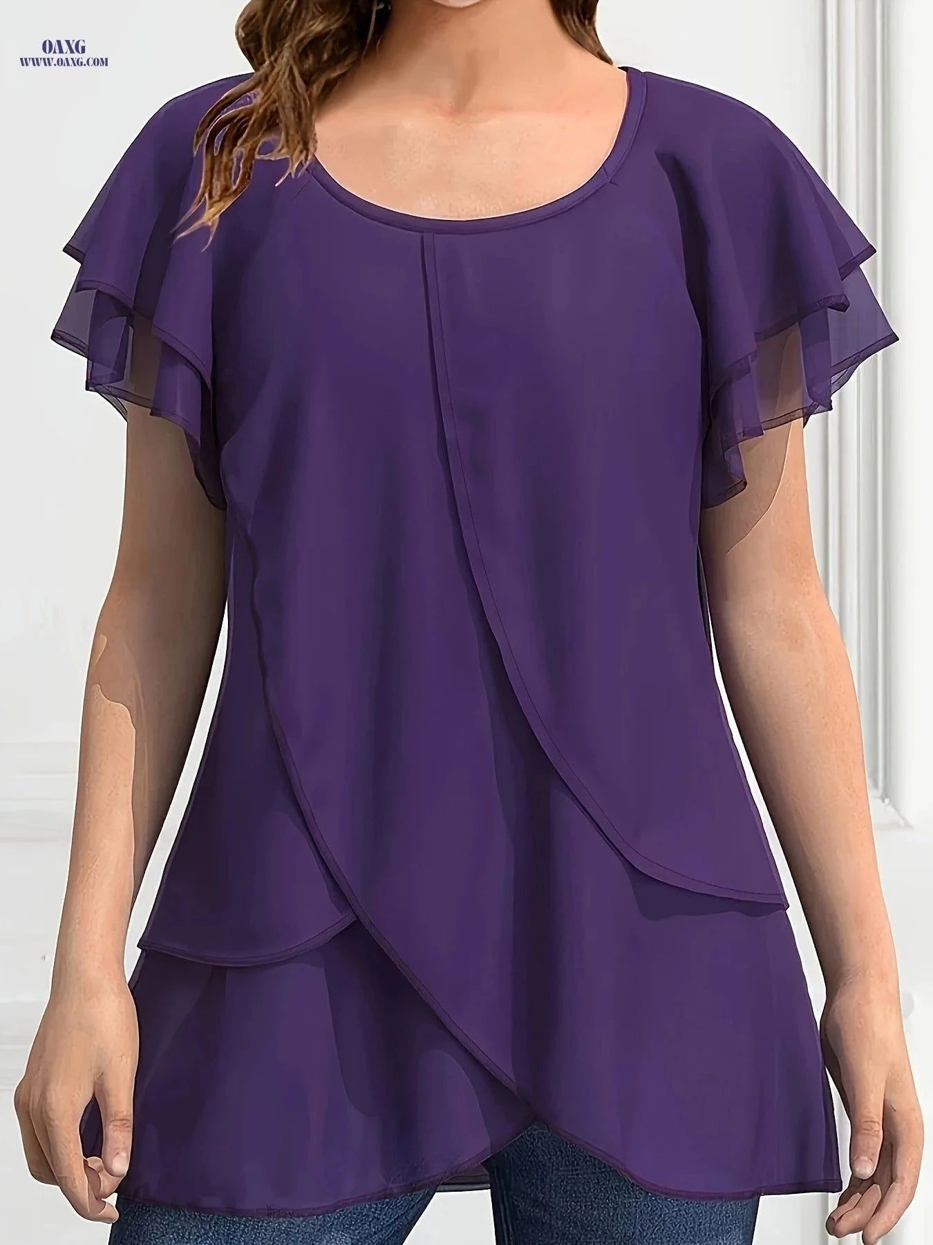 Women's Solid Color Chiffon Blouse - Ruffle Sleeve, Asymmetrical Hem   OAXG Purple / S