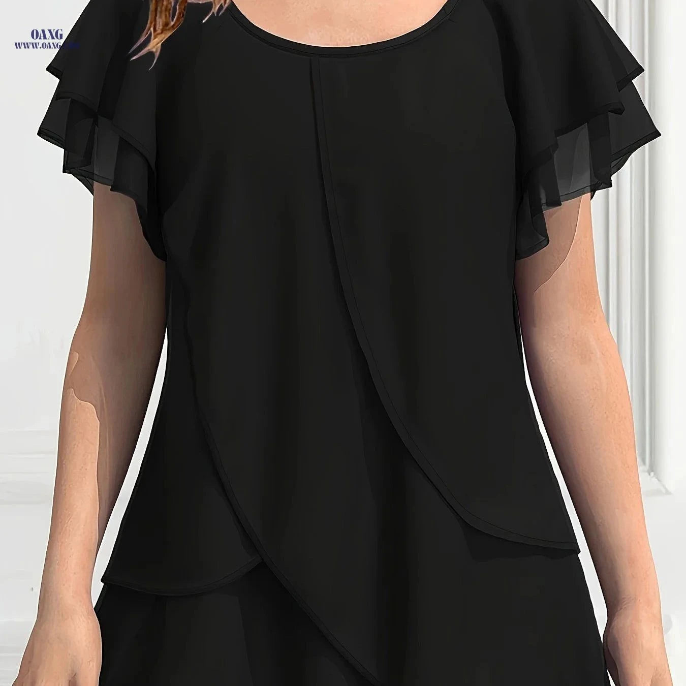 Women's Solid Color Chiffon Blouse - Ruffle Sleeve, Asymmetrical Hem   OAXG Purple / S